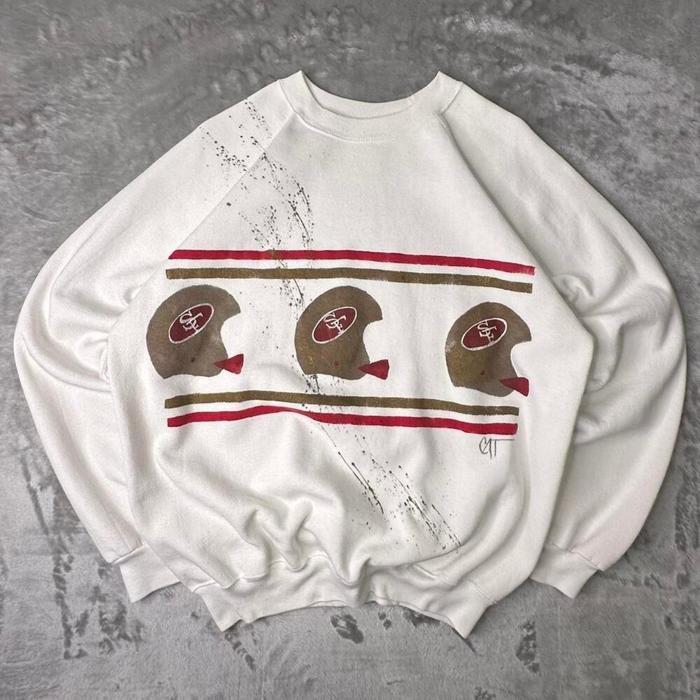 Vintage 80’s San Francisco 49er’s NFL White 3 Helmets AOP Crewneck Sweatshirt XL